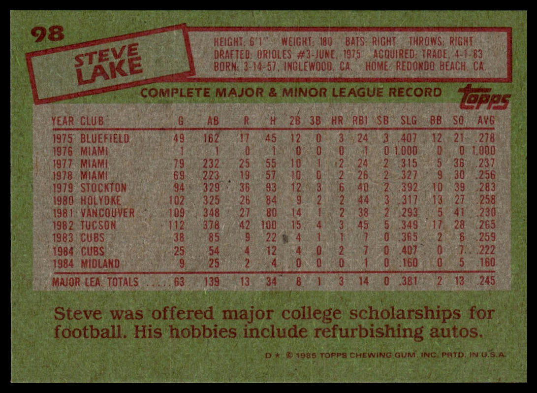 1985 Topps #98 Steve Lake