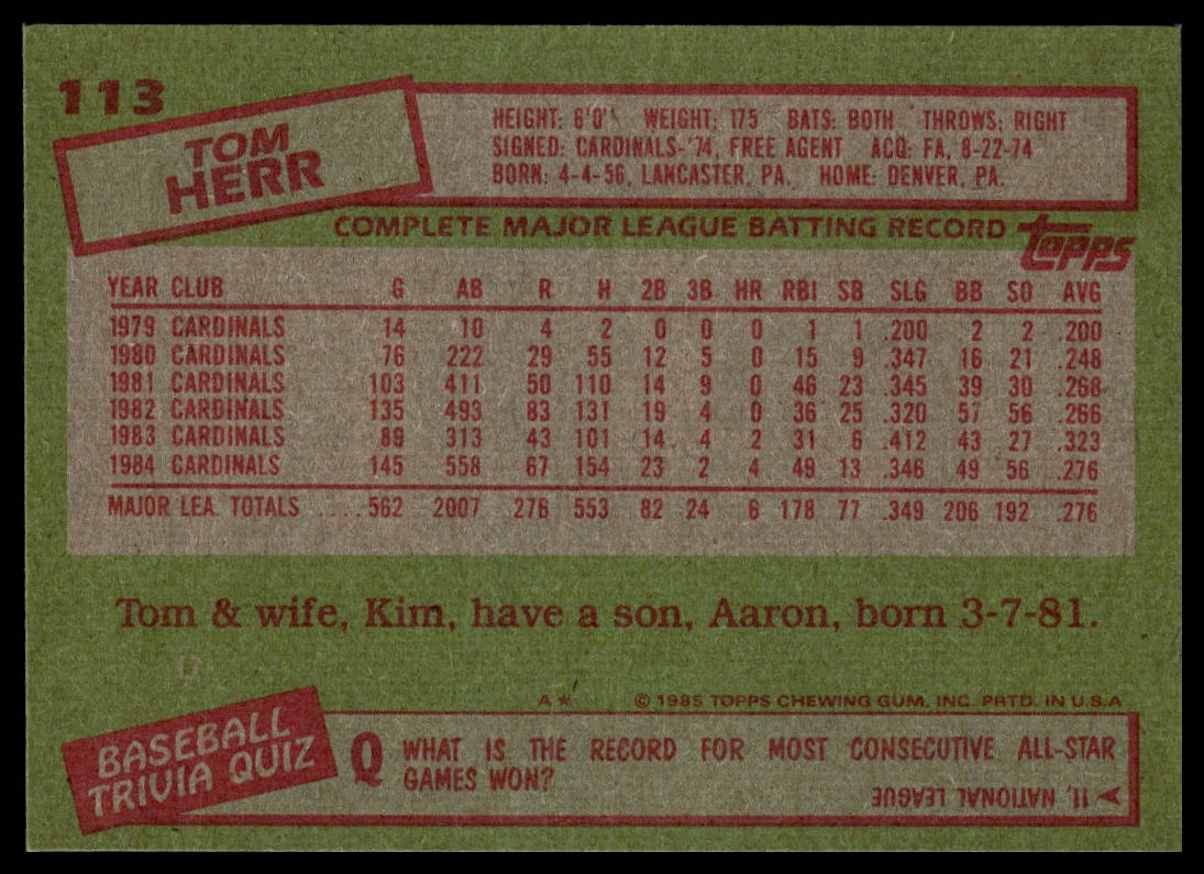1985 Topps #113 Tom Herr