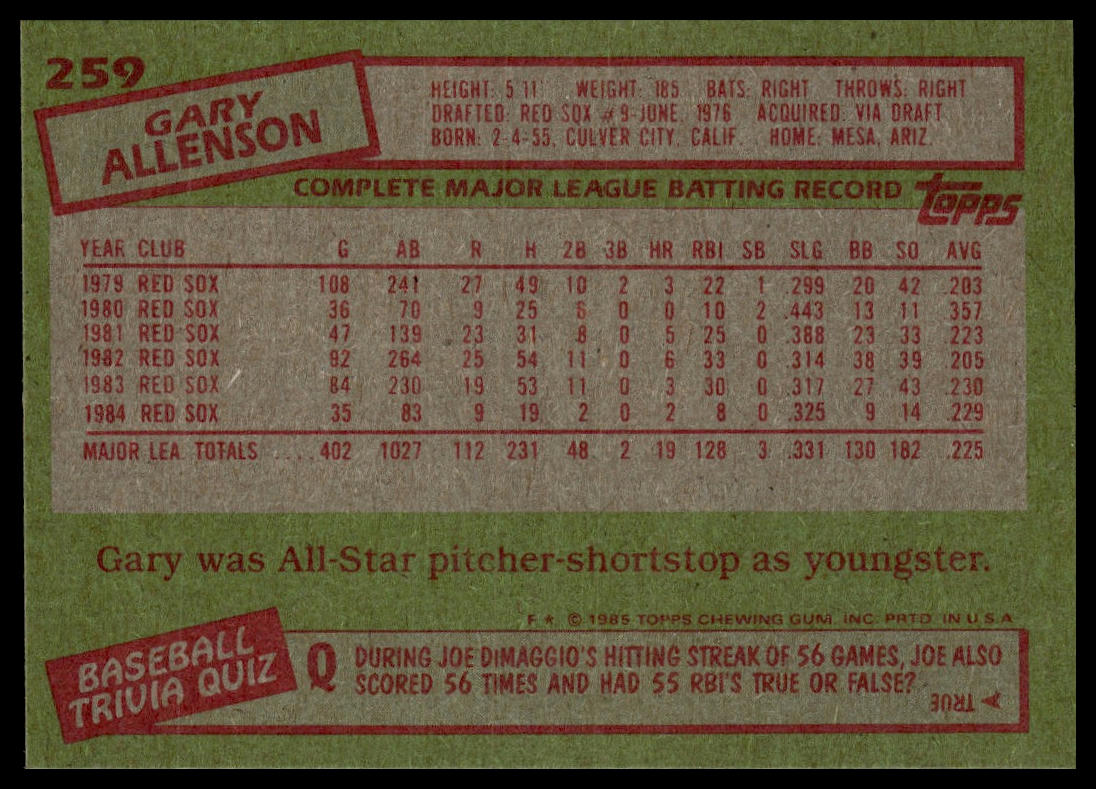 1985 Topps #259 Gary Allenson