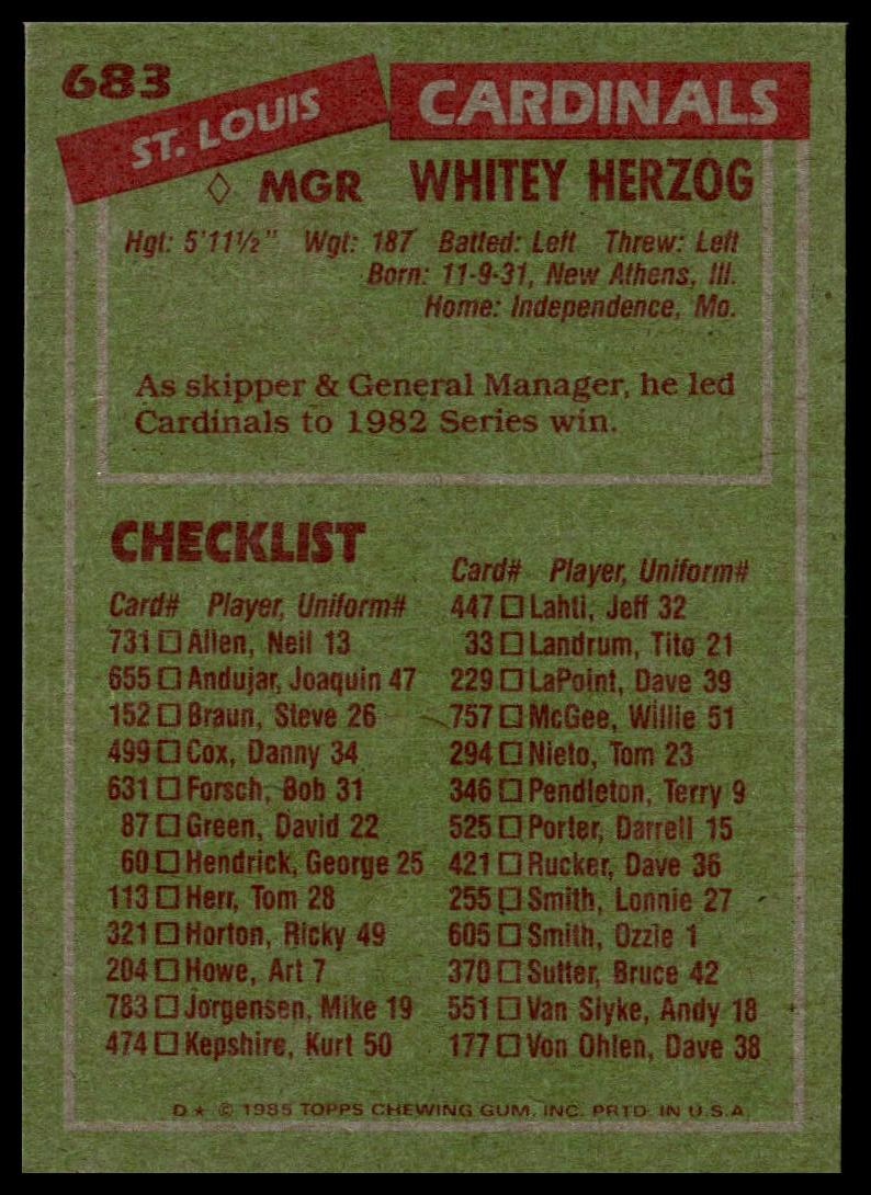 1985 Topps #683 Whitey Herzog