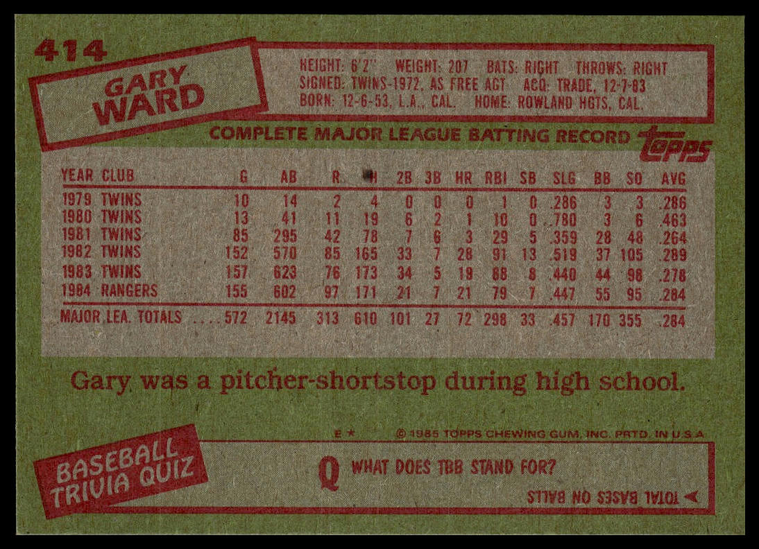 1985 Topps #414 Gary Ward