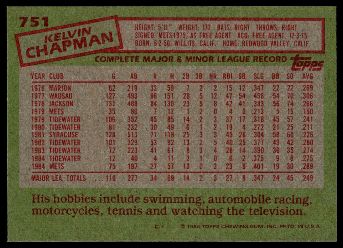 1985 Topps #751 Kelvin Chapman