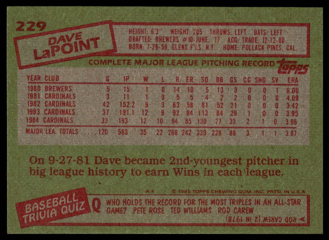 1985 Topps #229 Dave LaPoint