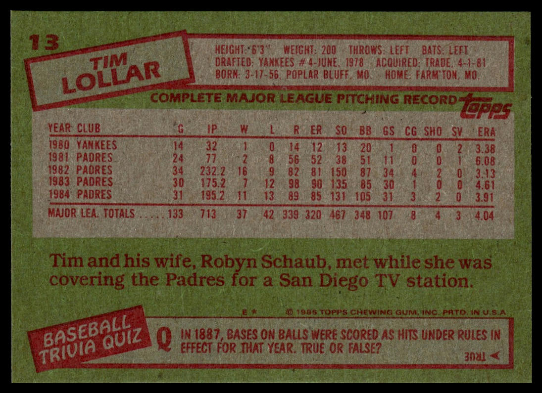 1985 Topps #13 Tim Lollar