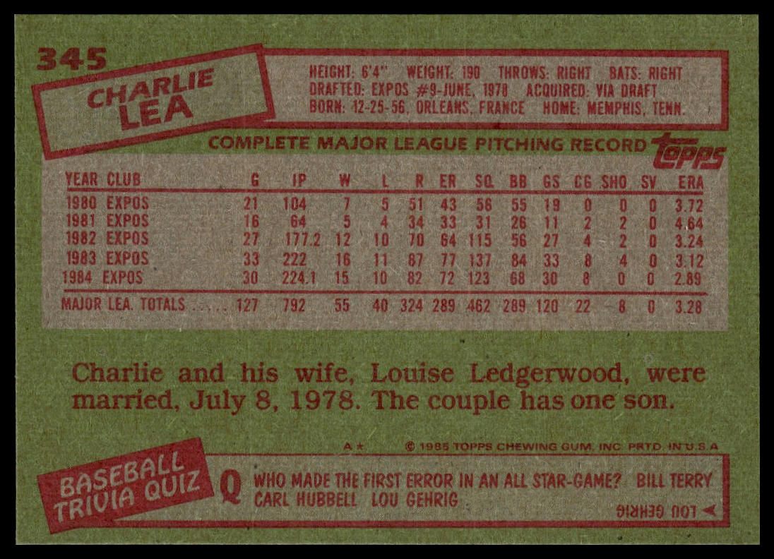 1985 Topps #345 Charlie Lea