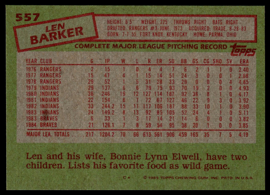 1985 Topps #557 Len Barker
