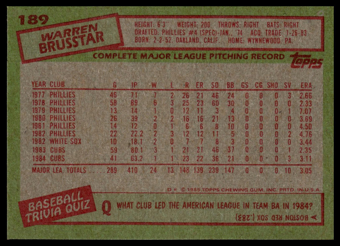 1985 Topps #189 Warren Brusstar
