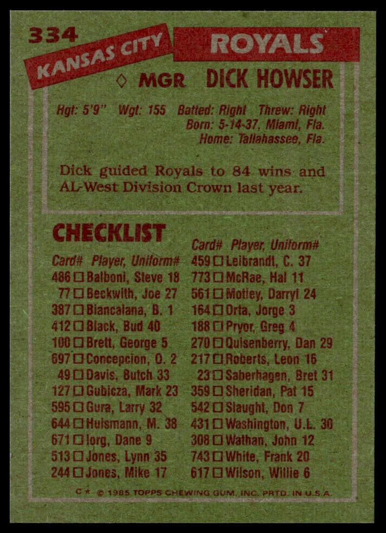 1985 Topps #334 Dick Howser