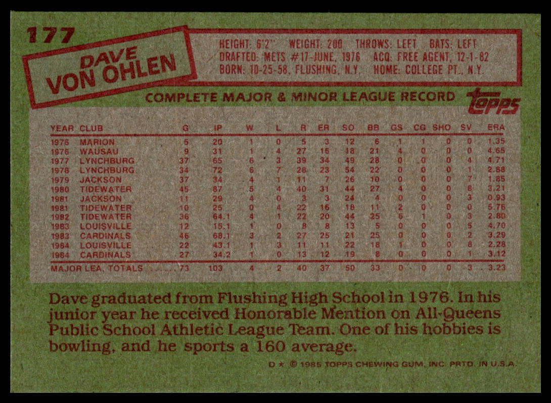 1985 Topps #177 Dave Von Ohlen