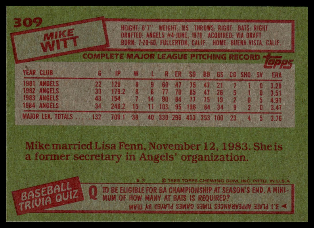 1985 Topps #309 Mike Witt