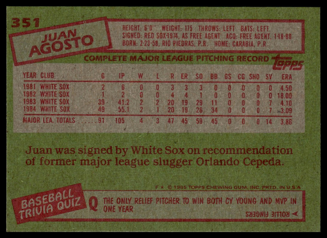 1985 Topps #351 Juan Agosto
