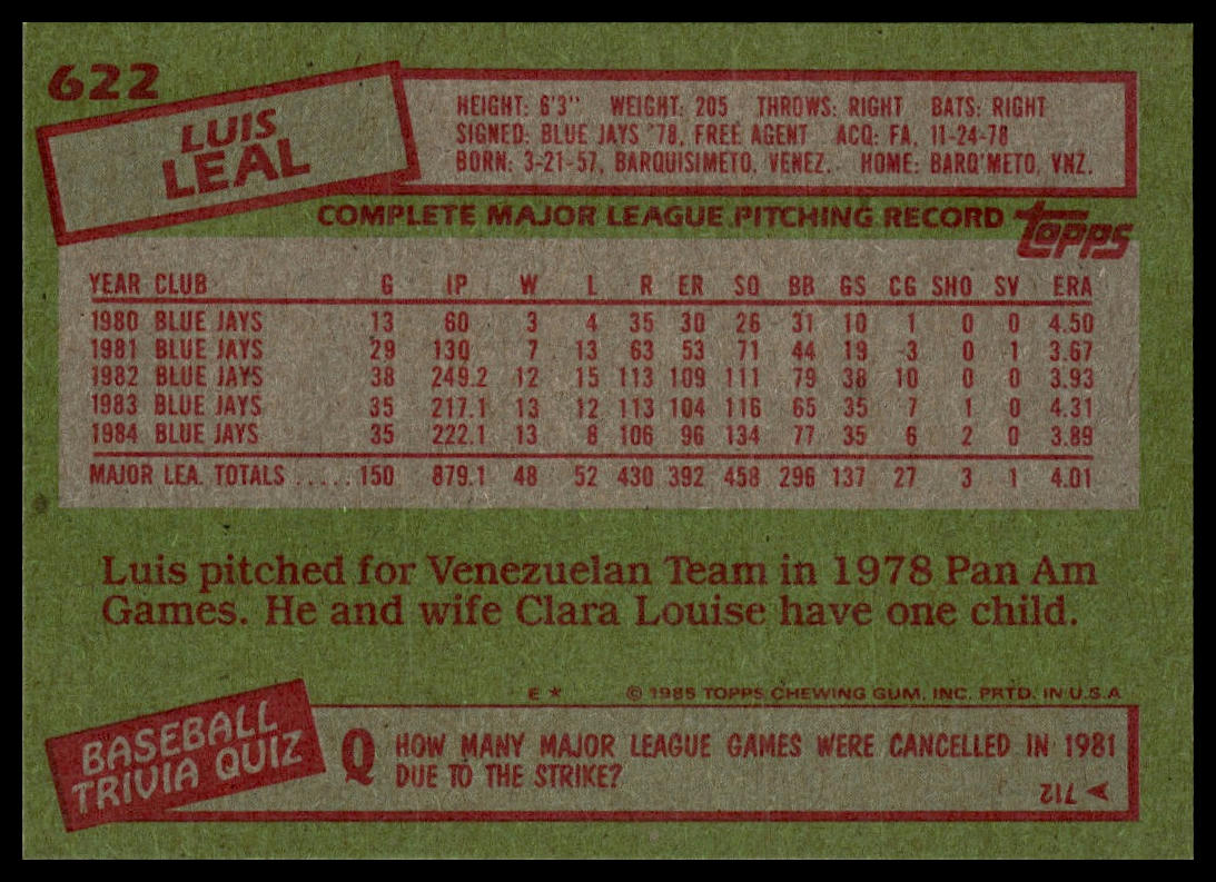 1985 Topps #622 Luis Leal
