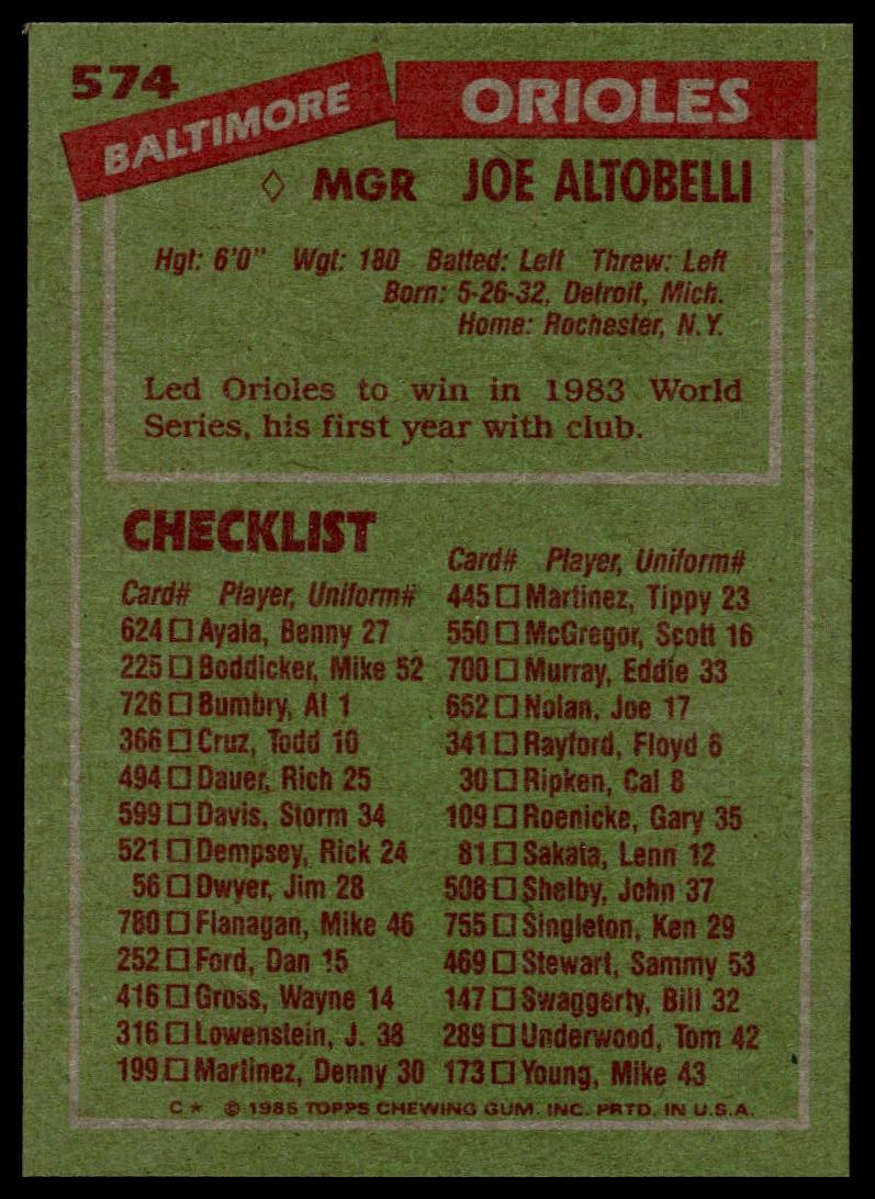 1985 Topps #574 Joe Altobelli