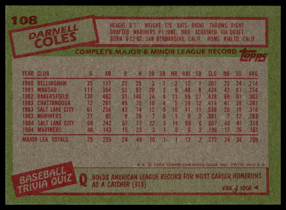 1985 Topps #108 Darnell Coles