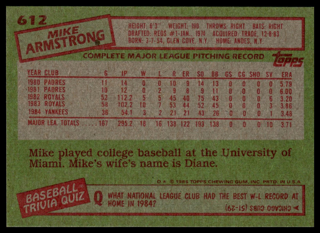 1985 Topps #612 Mike Armstrong