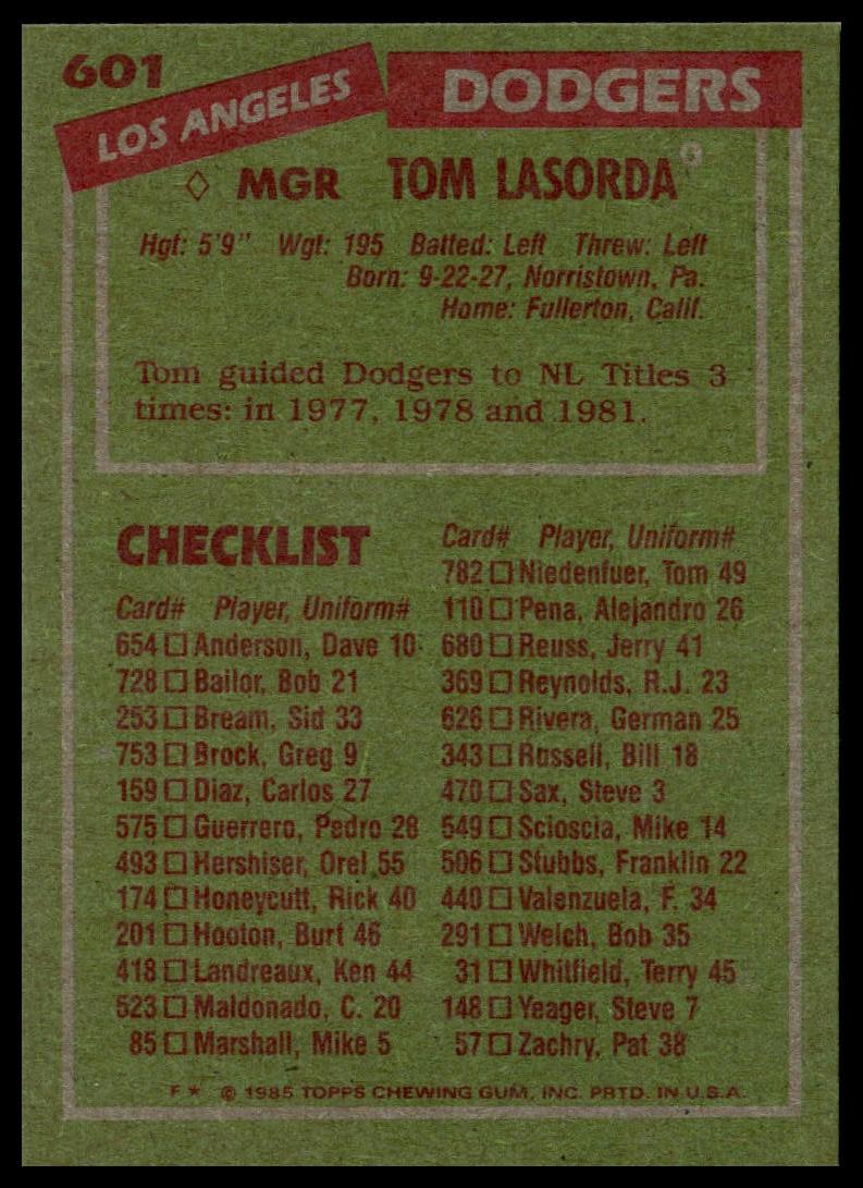 1985 Topps #601 Tom Lasorda