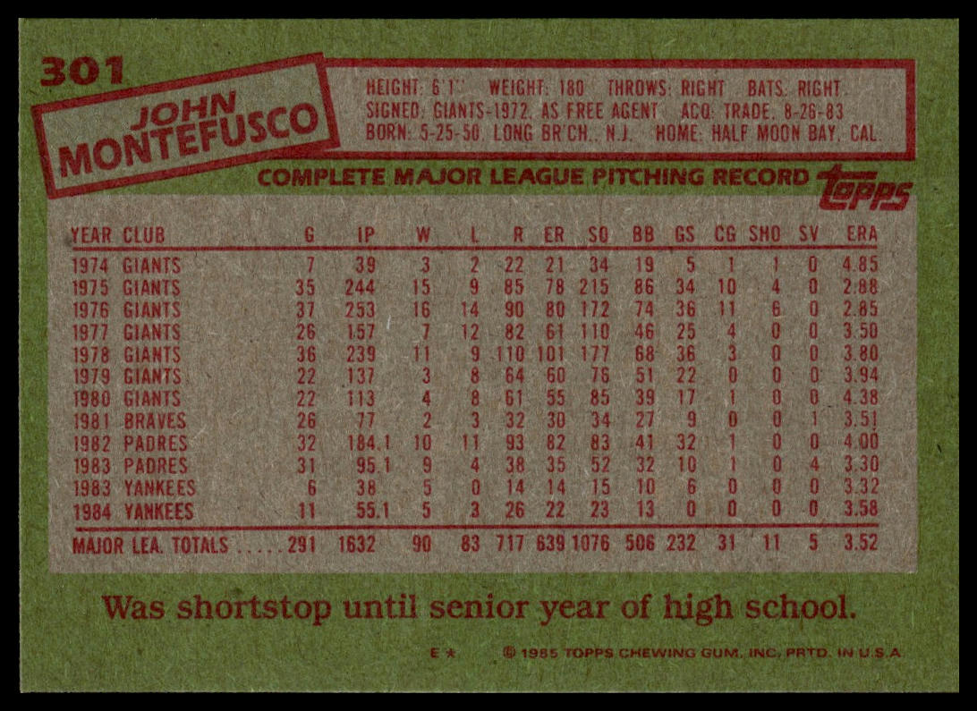 1985 Topps #301 John Montefusco