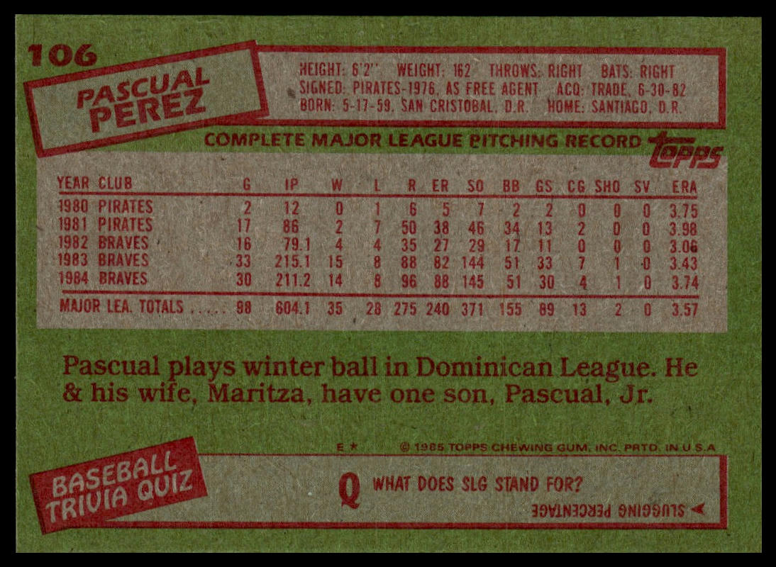 1985 Topps #106 Pascual Perez