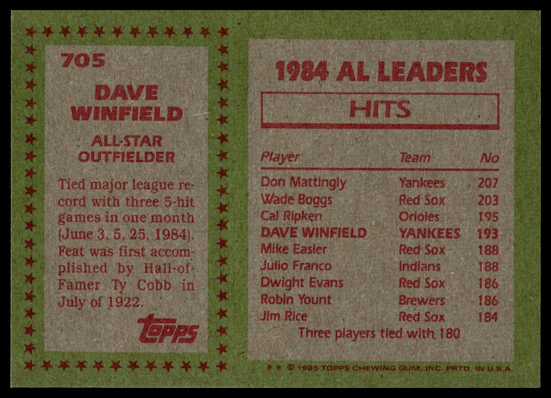 1985 Topps #705 Dave Winfield