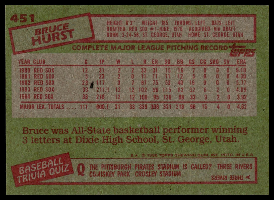 1985 Topps #451 Bruce Hurst