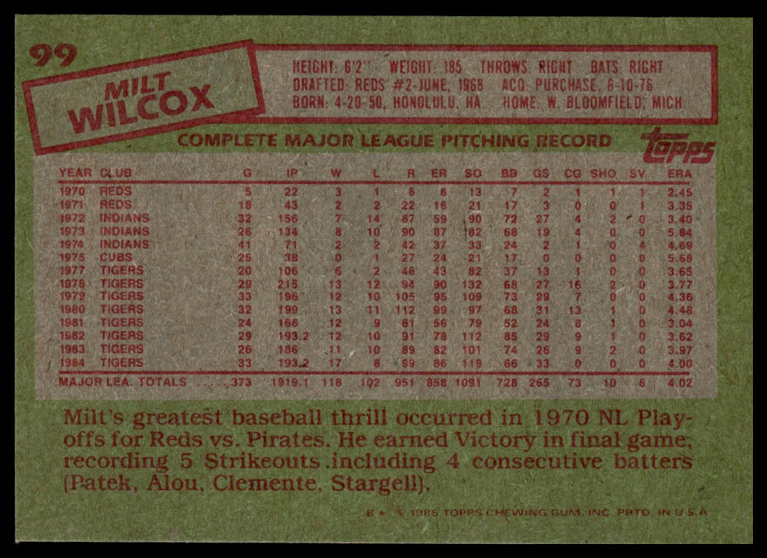 1985 Topps #99 Milt Wilcox