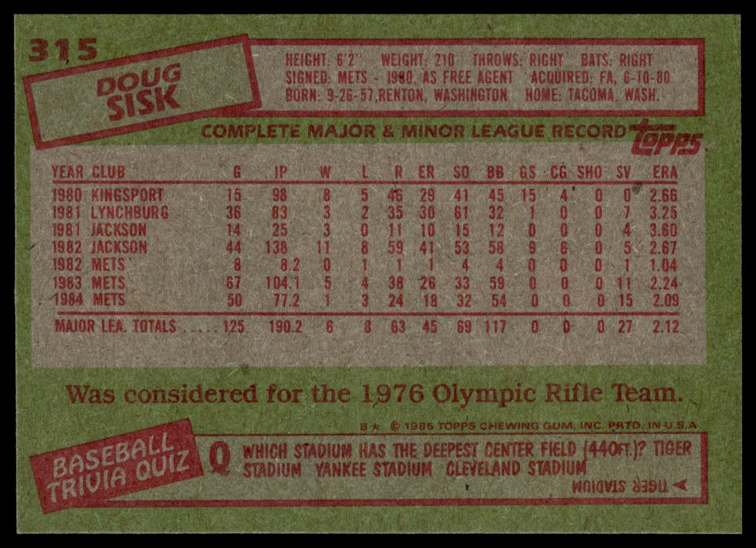 1985 Topps #315 Doug Sisk