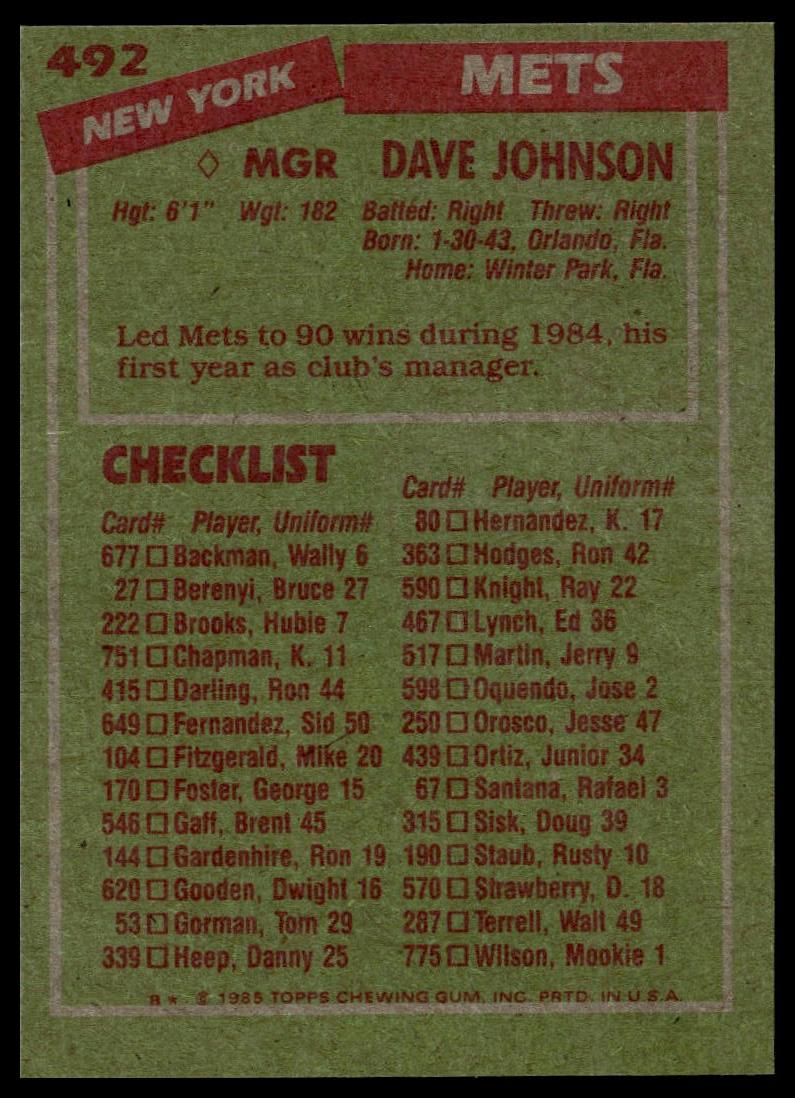 1985 Topps #492 Dave Johnson