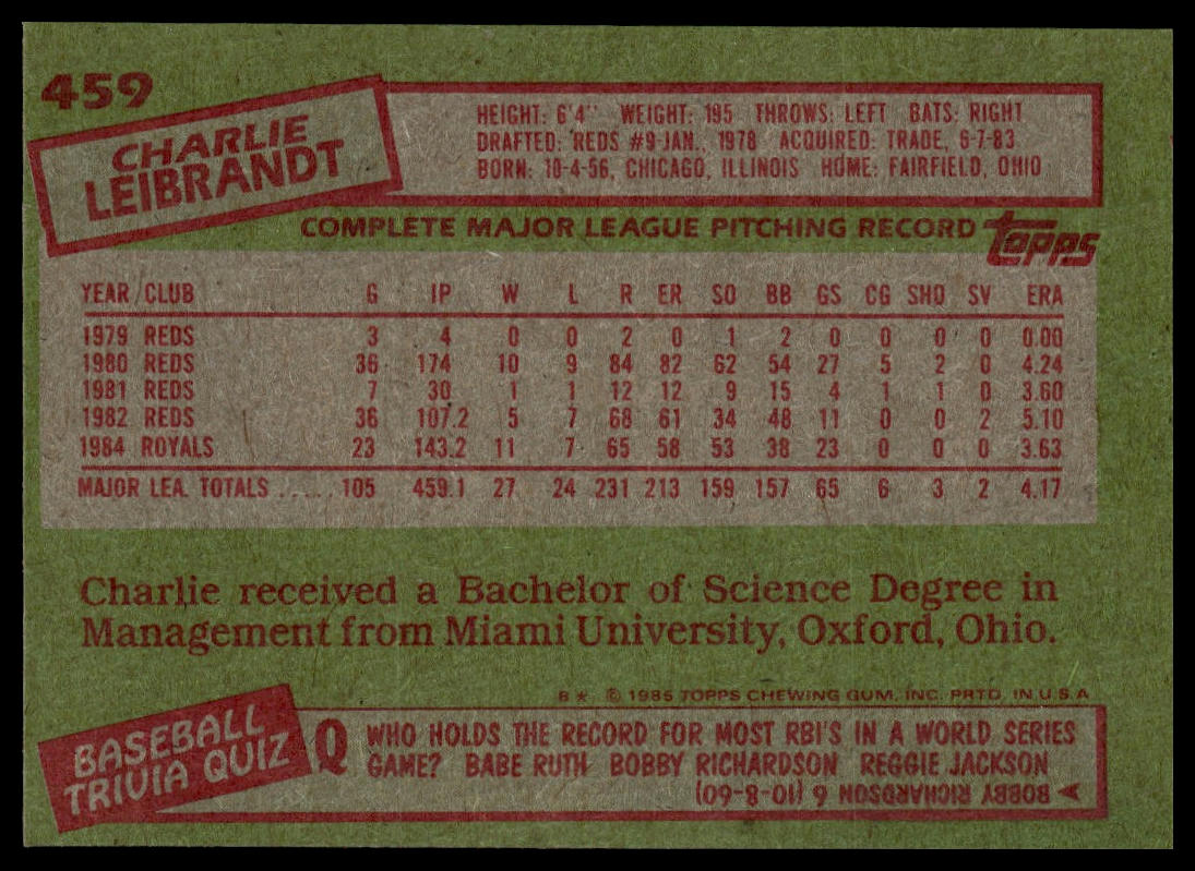 1985 Topps #459 Charlie Leibrandt