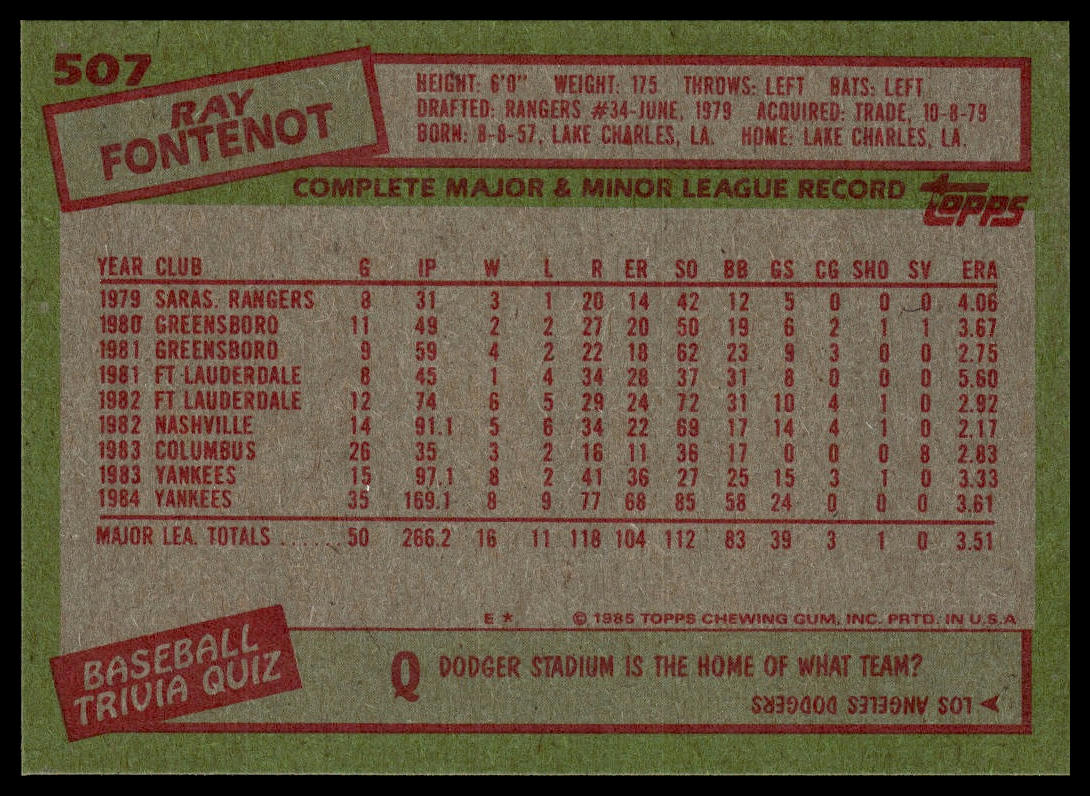 1985 Topps #507 Ray Fontenot