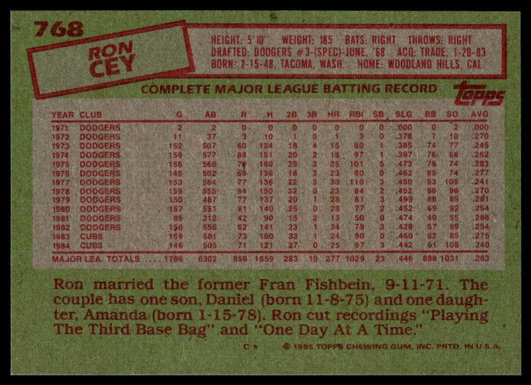 1985 Topps #768 Ron Cey