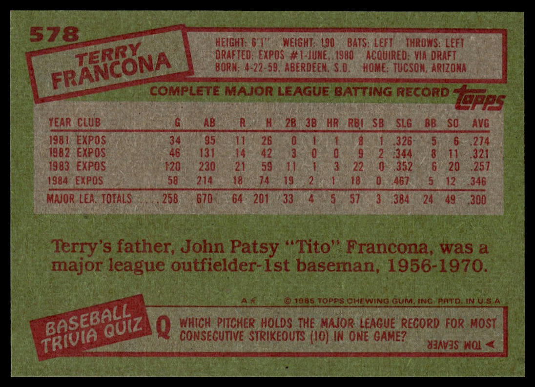 1985 Topps #578 Terry Francona