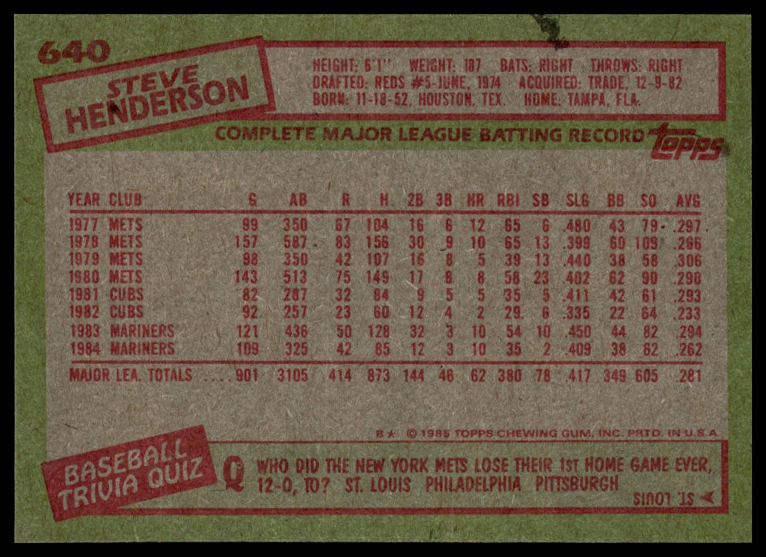 1985 Topps #640 Steve Henderson