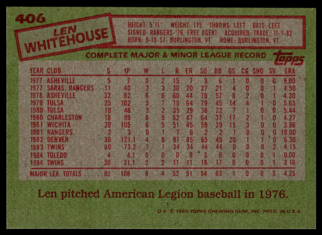 1985 Topps #406 Len Whitehouse