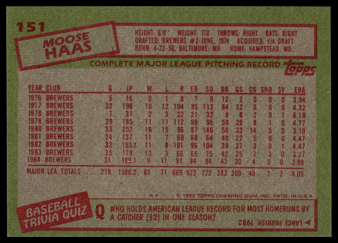 1985 Topps #151 Moose Haas