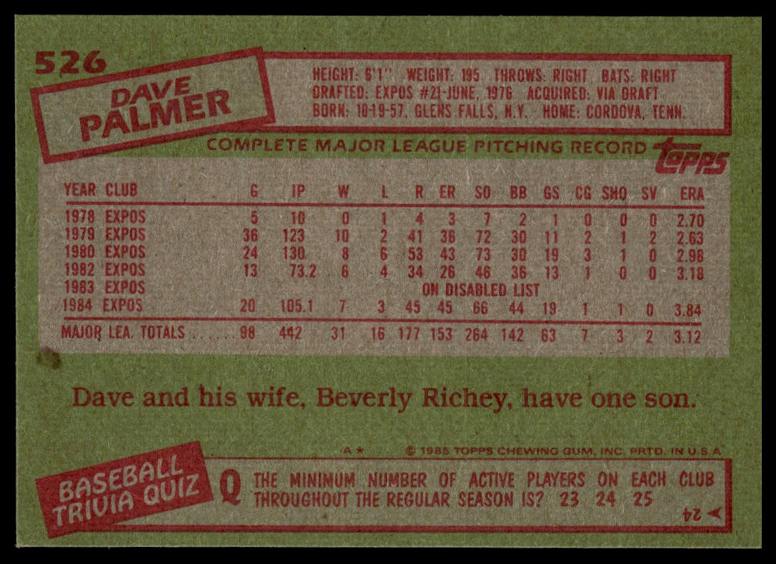1985 Topps #526 Dave Palmer