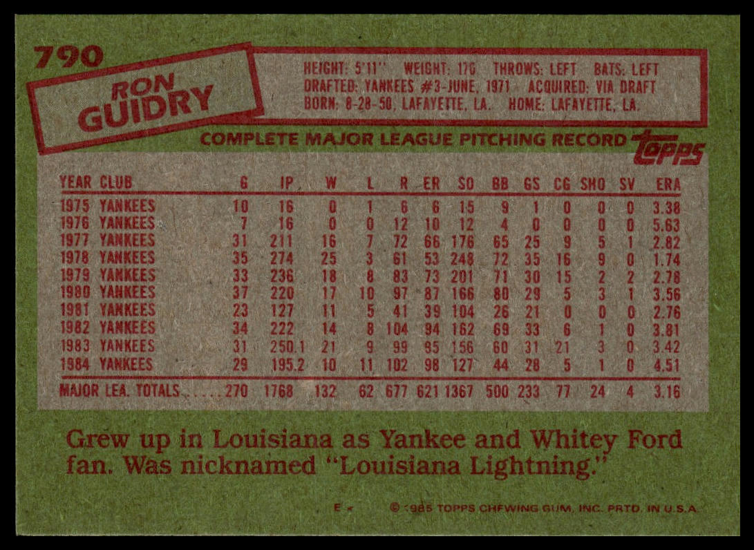 1985 Topps #790 Ron Guidry