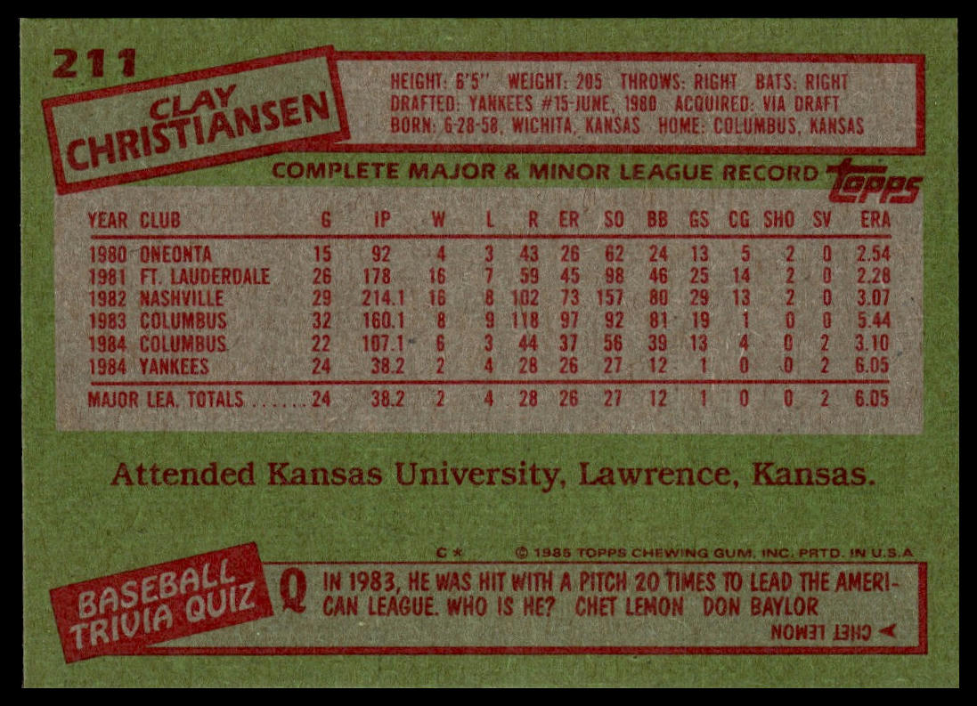 1985 Topps #211 Clay Christiansen