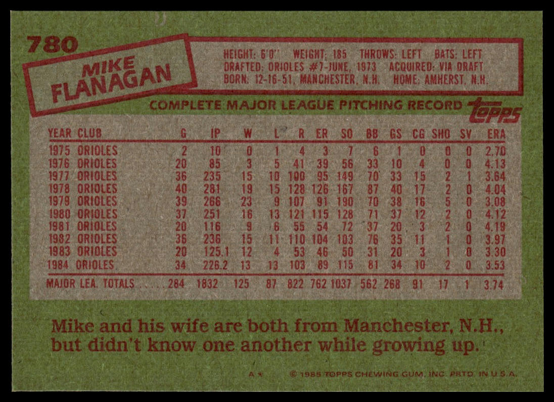 1985 Topps #780 Mike Flanagan