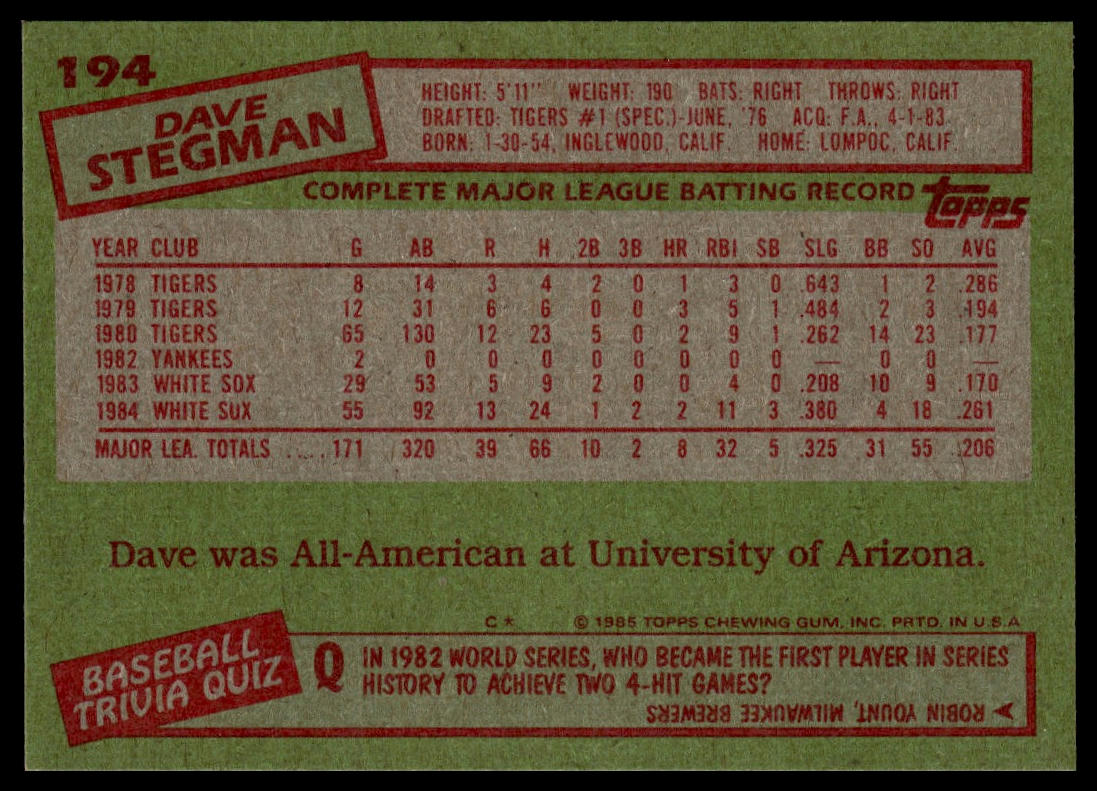 1985 Topps #194 Dave Stegman