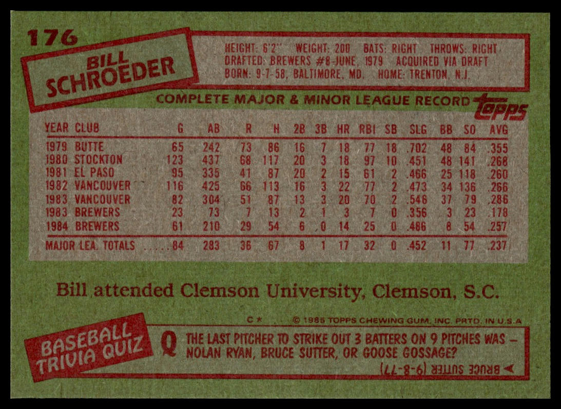 1985 Topps #176 Bill Schroeder