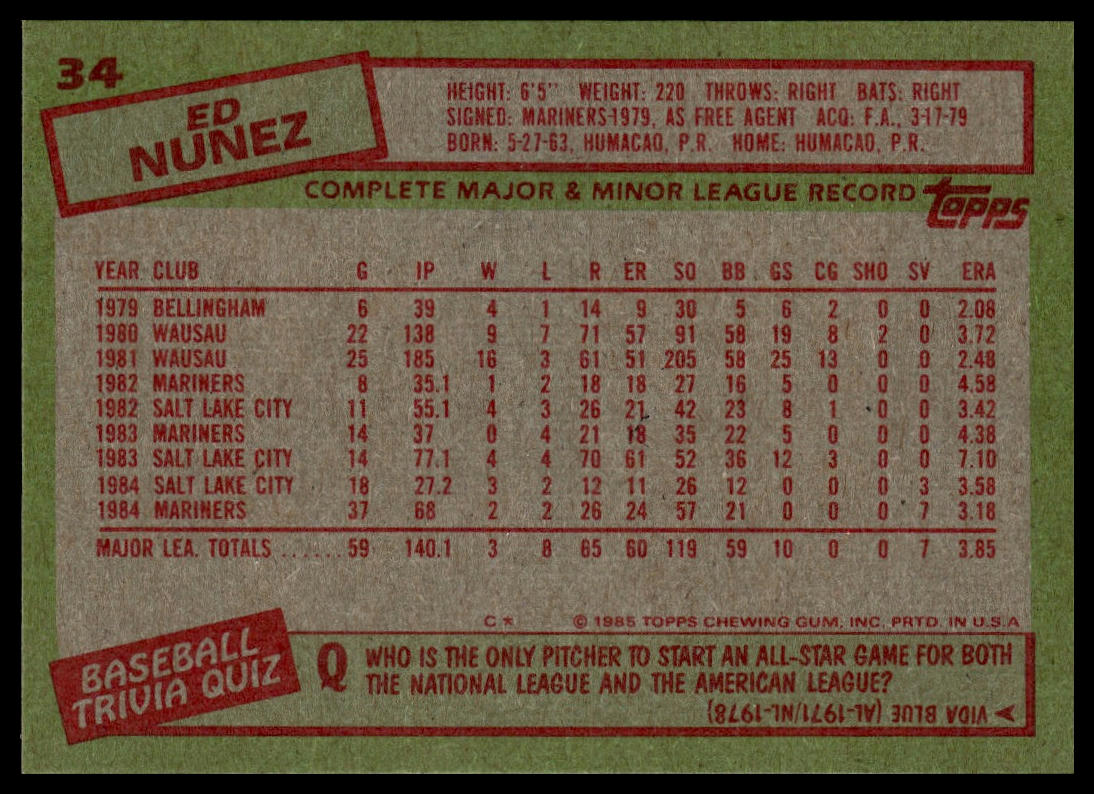 1985 Topps #34 Ed Nunez