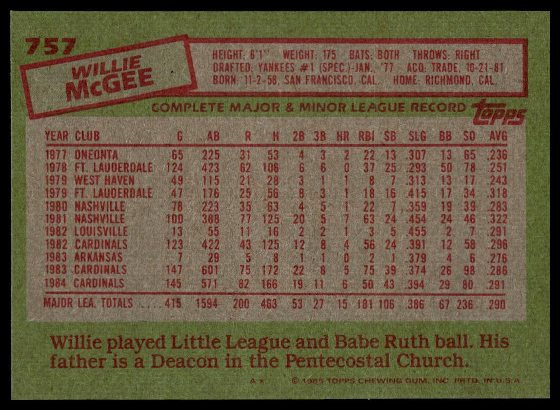 1985 Topps #757 Willie McGee