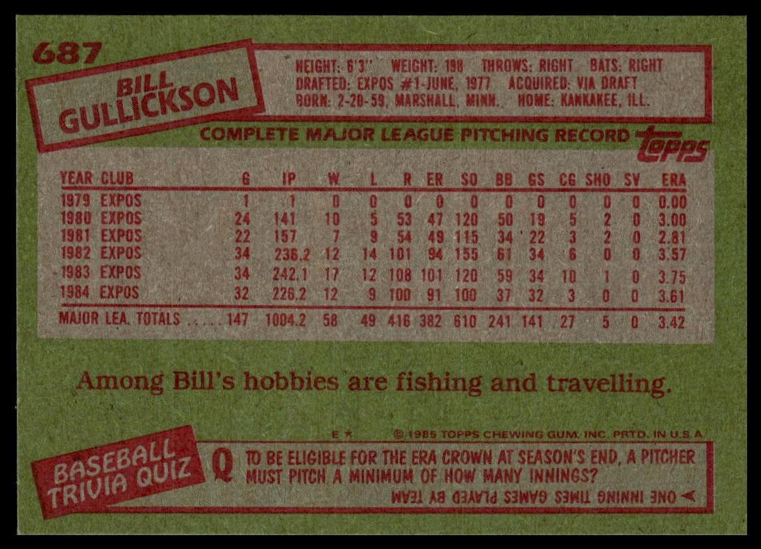 1985 Topps #687 Bill Gullickson