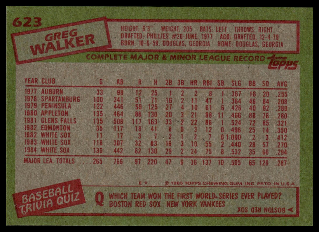 1985 Topps #623 Greg Walker