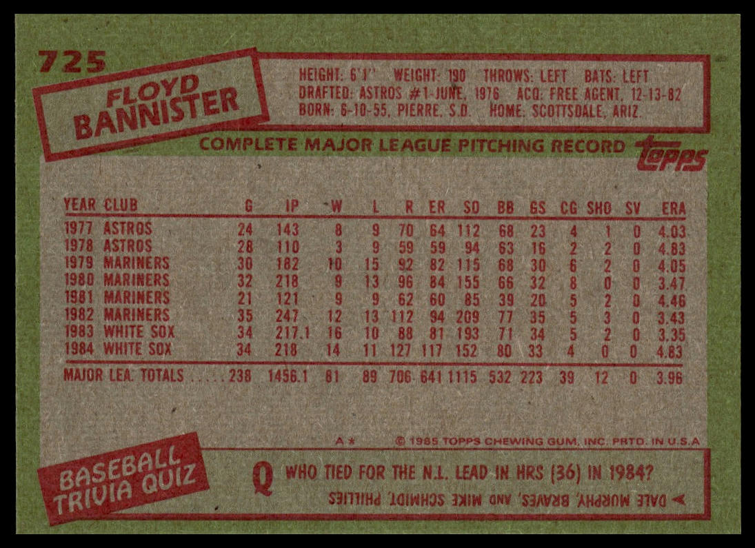 1985 Topps #725 Floyd Bannister