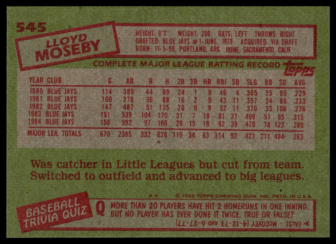 1985 Topps #545 Lloyd Moseby