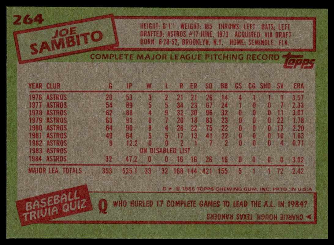 1985 Topps #264 Joe Sambito