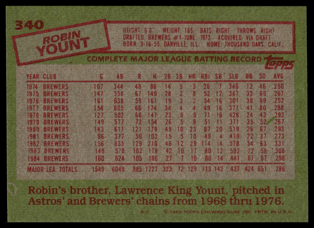 1985 Topps #340 Robin Yount