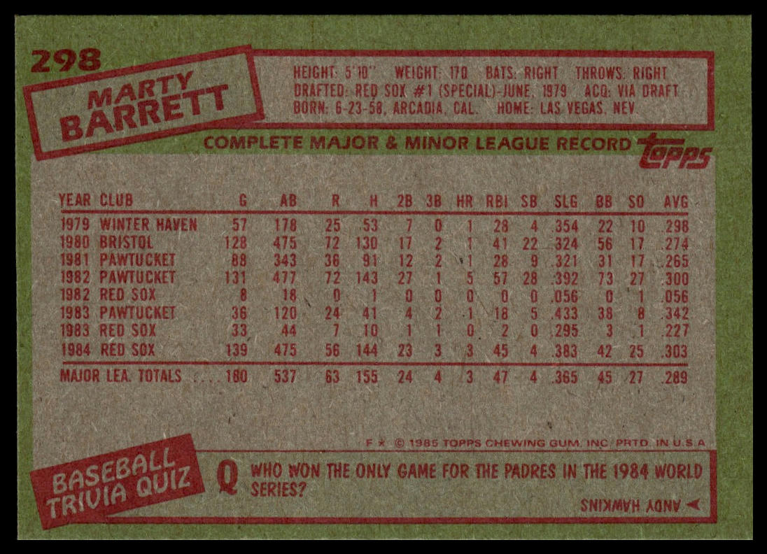 1985 Topps #298 Marty Barrett