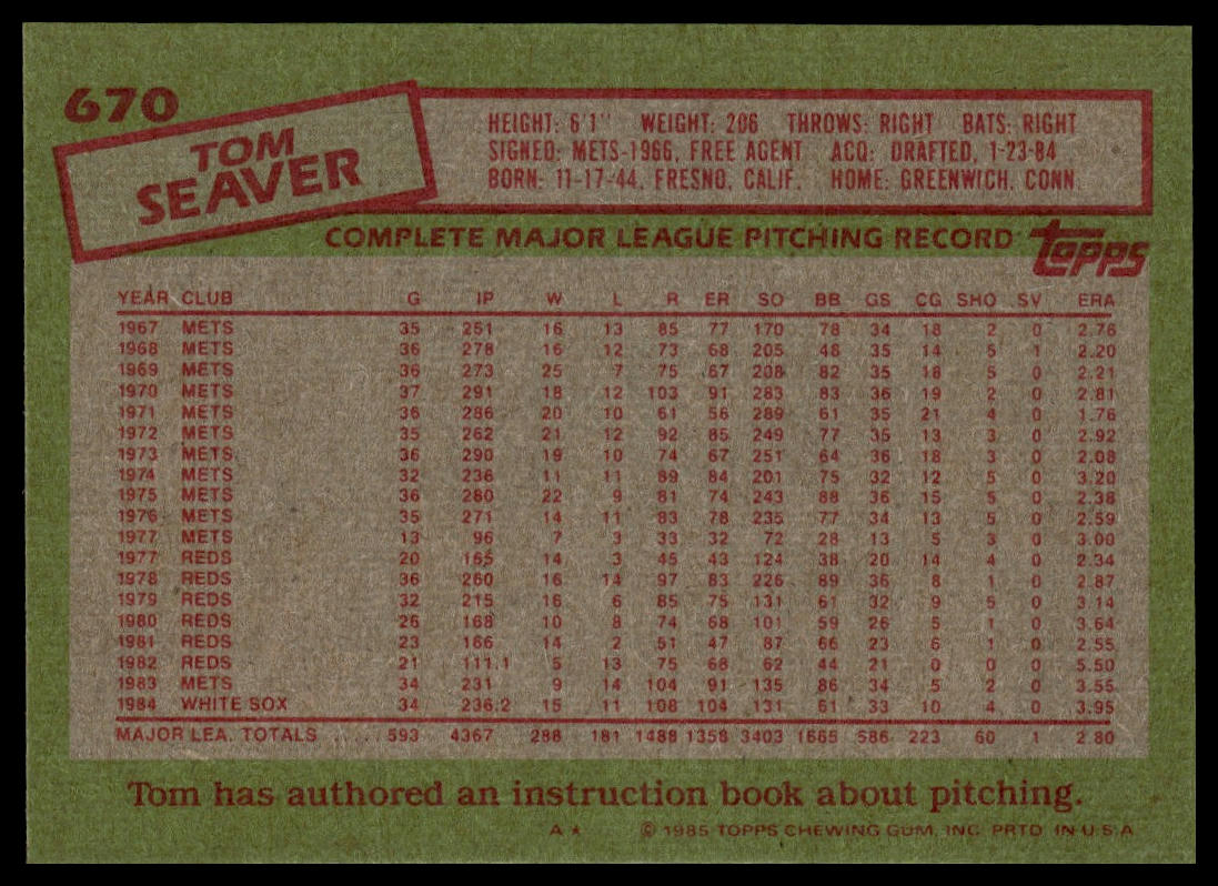 1985 Topps #670 Tom Seaver